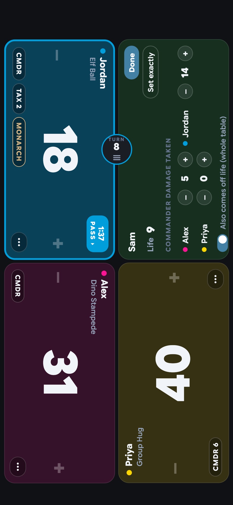One player’s panel opened to Commander damage taken: 5 from one opponent, 14 from another and 0 from the third, with a switch that also takes it off life.