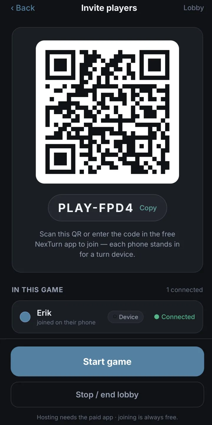 The host's invite screen with join code and QR code