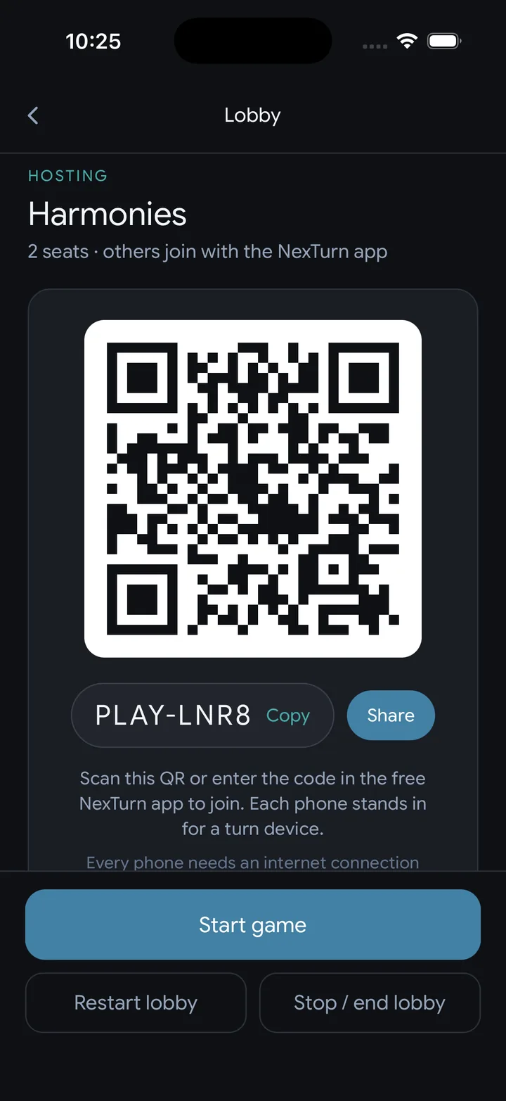 The host's lobby with the QR code and the PLAY join code