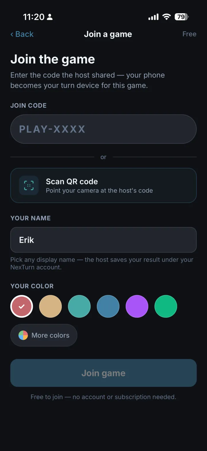 The Join a Game screen with code entry
