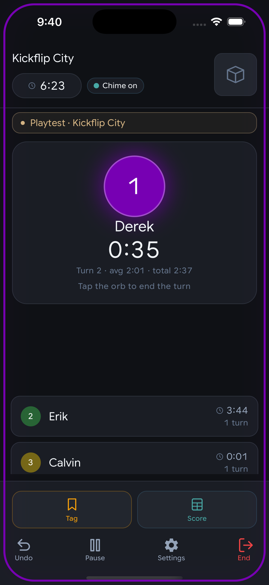 A playtest in progress in the NexTurn app: the current phase and whose turn it is, the running timer, and the flag button testers tap to mark a moment.