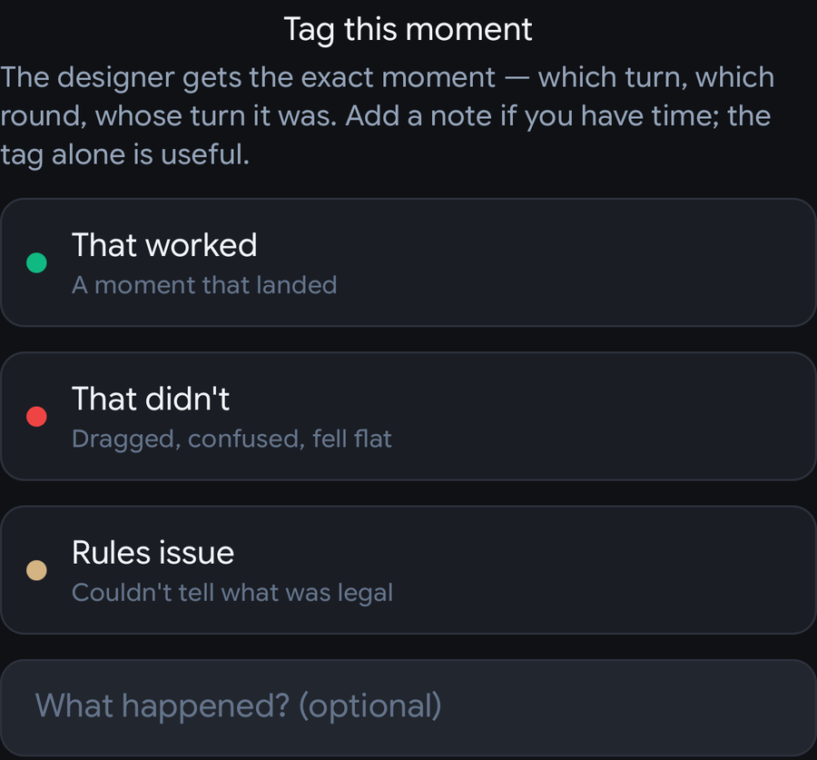 The Tag this moment sheet in the NexTurn app, offering That worked, That didn't and Rules issue, with an optional note field.